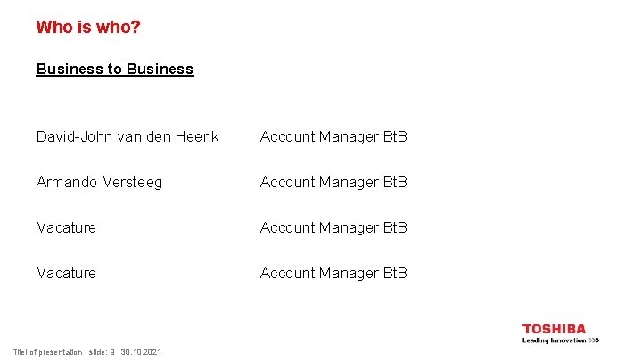 Who is who? Business to Business David-John van den Heerik Account Manager Bt. B