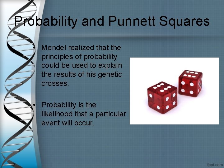 Probability and Punnett Squares • Mendel realized that the principles of probability could be