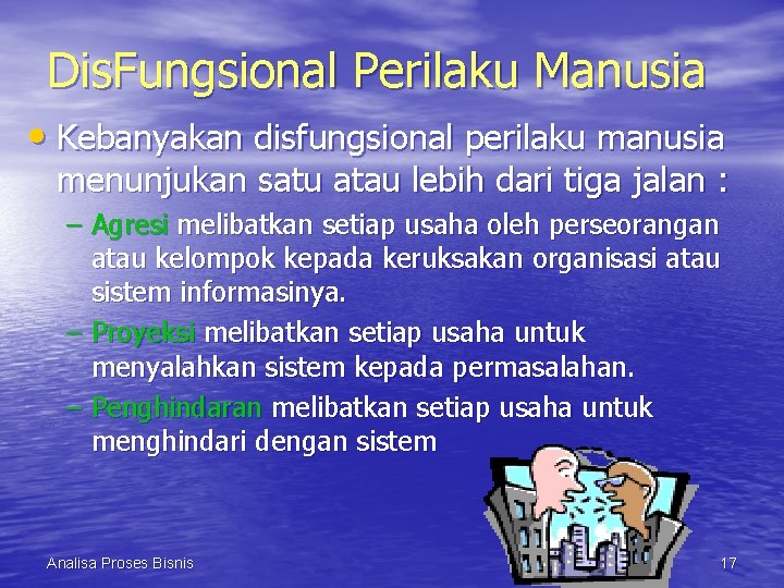 Dis. Fungsional Perilaku Manusia • Kebanyakan disfungsional perilaku manusia menunjukan satu atau lebih dari