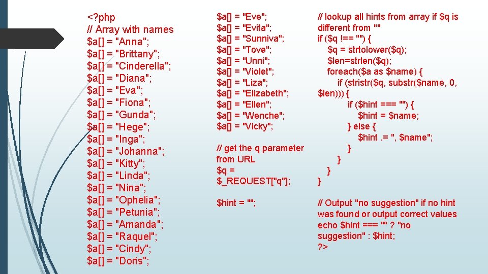 <? php // Array with names $a[] = "Anna"; $a[] = "Brittany"; $a[] =