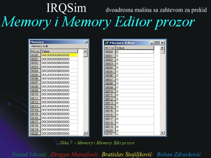 Memory i Memory Editor prozor Slika 7 – Memory i Memory Edit prozor 