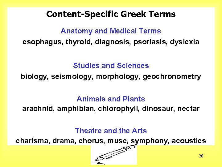 Content-Specific Greek Terms Anatomy and Medical Terms esophagus, thyroid, diagnosis, psoriasis, dyslexia Studies and