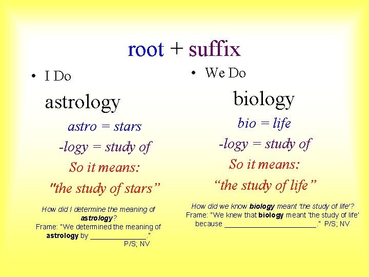 root + suffix • I Do astrology astro = stars -logy = study of