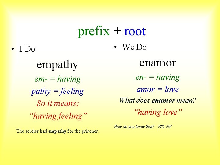 prefix + root • We Do • I Do empathy enamor em- = having