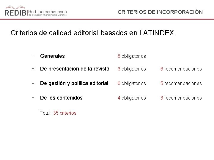 CRITERIOS DE INCORPORACIÓN Criterios de calidad editorial basados en LATINDEX • Generales 8 obligatorios