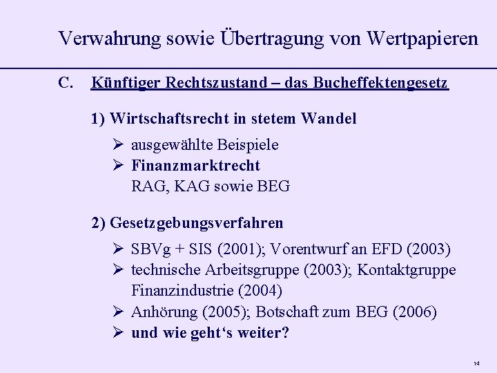 Verwahrung sowie Übertragung von Wertpapieren C. Künftiger Rechtszustand – das Bucheffektengesetz 1) Wirtschaftsrecht in