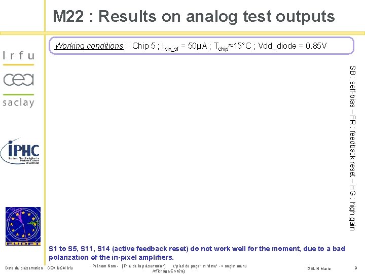 M 22 : Results on analog test outputs Working conditions : Chip 5 ;