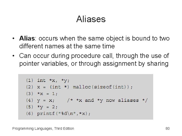 Aliases • Alias: occurs when the same object is bound to two different names