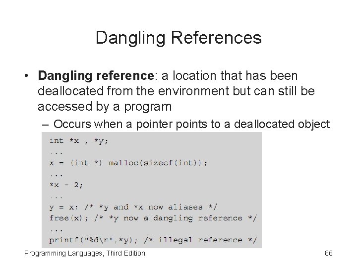 Dangling References • Dangling reference: a location that has been deallocated from the environment