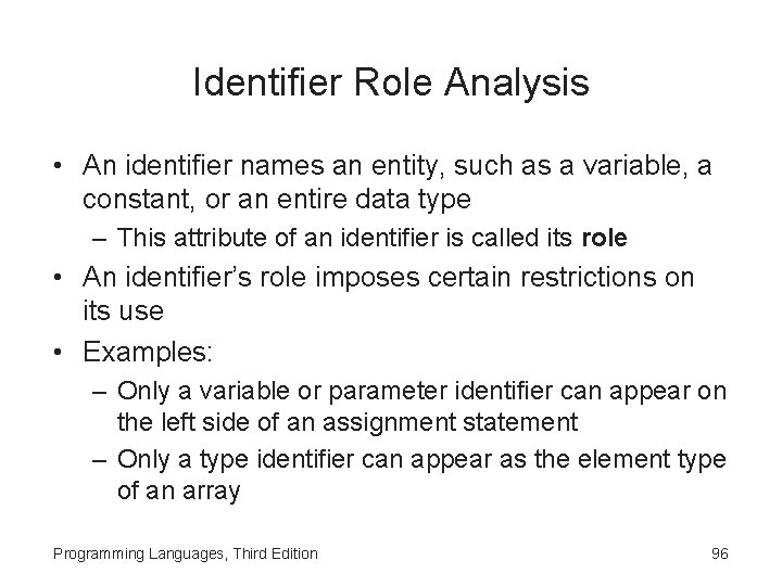 Identifier Role Analysis • An identifier names an entity, such as a variable, a