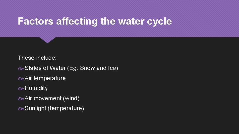 Factors affecting the water cycle These include: States of Water (Eg: Snow and Ice)