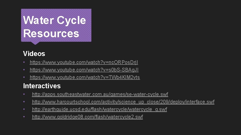 Water Cycle Resources Videos • https: //www. youtube. com/watch? v=nc. ORPos. Drj. I •