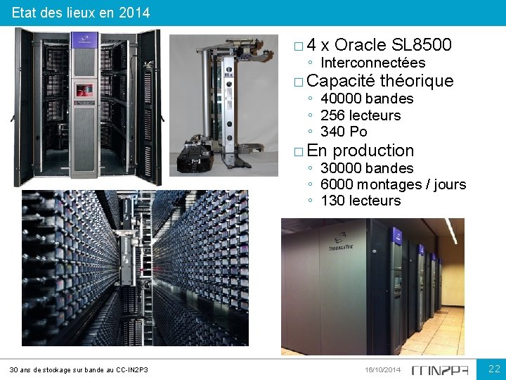 Etat des lieux en 2014 � 4 x Oracle SL 8500 ◦ Interconnectées �