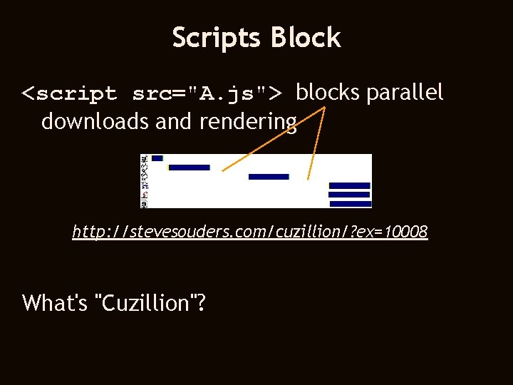 Scripts Block <script src="A. js"> blocks parallel downloads and rendering http: //stevesouders. com/cuzillion/? ex=10008