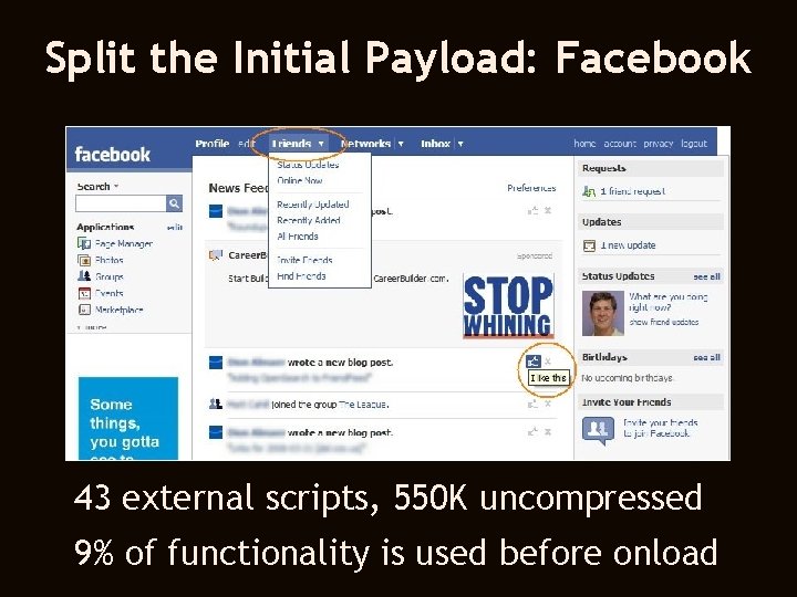 Split the Initial Payload: Facebook 43 external scripts, 550 K uncompressed 9% of functionality