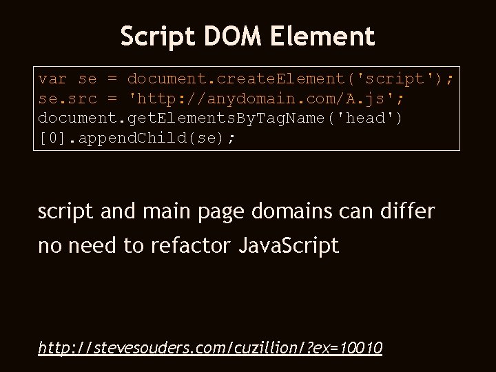 Script DOM Element var se = document. create. Element('script'); se. src = 'http: //anydomain.