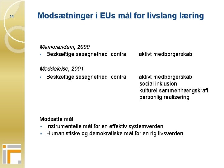 14 Modsætninger i EUs mål for livslang læring Memorandum, 2000 § Beskæftigelsesegnethed contra Meddelelse,