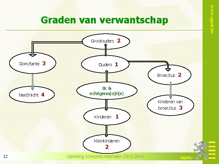 www. agodi. be Graden van verwantschap Grootouders Oom/tante 3 Ouders 2 1 Broer/zus Neef/nicht