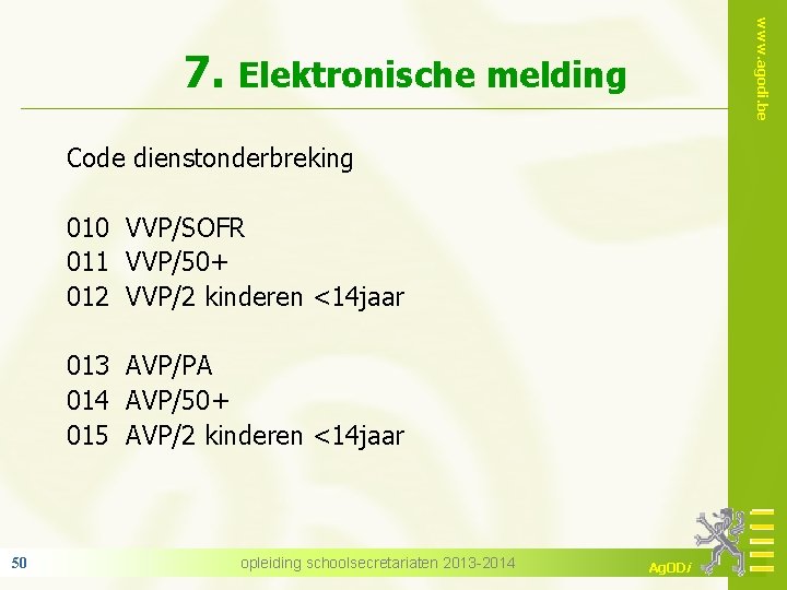 www. agodi. be 7. Elektronische melding Code dienstonderbreking 010 VVP/SOFR 011 VVP/50+ 012 VVP/2