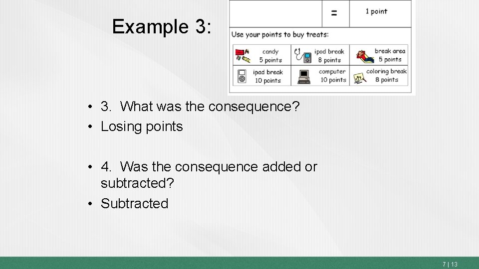 Example 3: • 3. What was the consequence? • Losing points • 4. Was