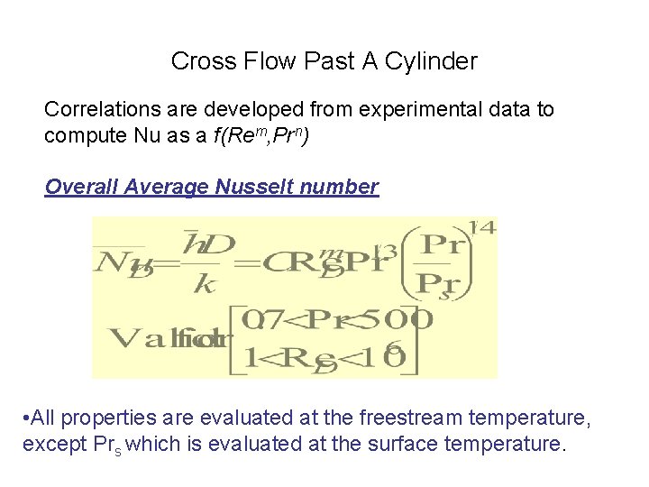 Cross Flow Past A Cylinder Correlations are developed from experimental data to compute Nu