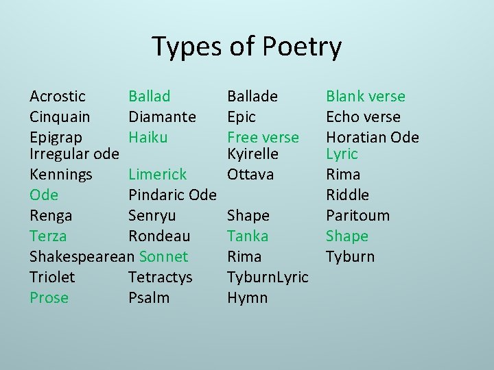 Types of Poetry Acrostic Ballad Cinquain Diamante Epigrap Haiku Irregular ode Kennings Limerick Ode