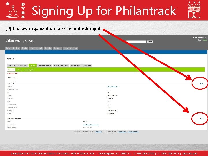 Signing Up for Philantrack (9) Review organization profile and editing it Department of Youth