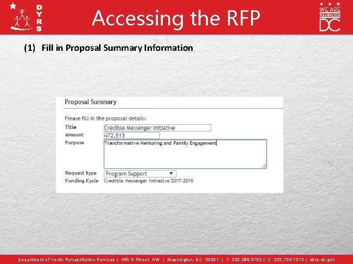 Accessing the RFP (1) Fill in Proposal Summary Information Department of Youth Rehabilitation Services