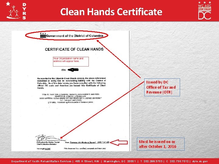 Clean Hands Certificate Issued by DC Office of Tax and Revenue (OTR) Must be