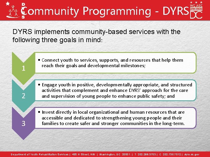Community Programming - DYRS implements community-based services with the following three goals in mind:
