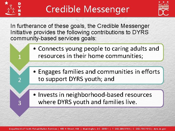 Credible Messenger In furtherance of these goals, the Credible Messenger Initiative provides the following