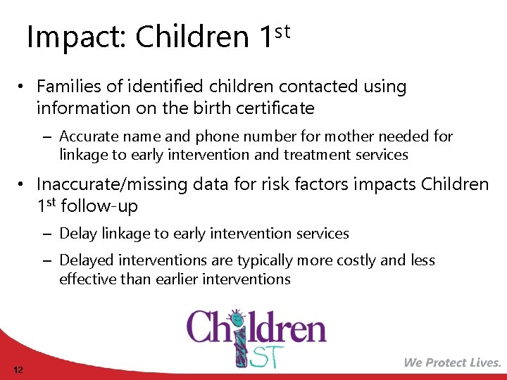 Impact: Children 1 st • Families of identified children contacted using information on the