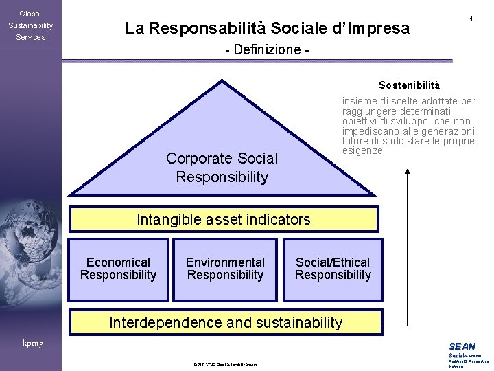 Global Sustainability Services La Responsabilità Sociale d’Impresa 4 - Definizione Sostenibilità insieme di scelte