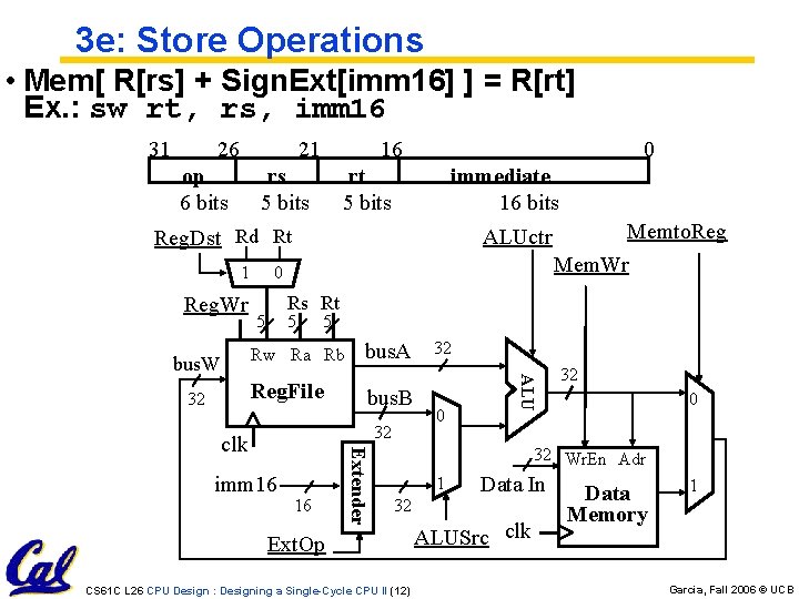 3 e: Store Operations • Mem[ R[rs] + Sign. Ext[imm 16] ] = R[rt]