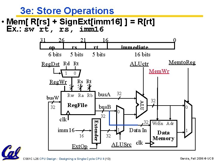 3 e: Store Operations • Mem[ R[rs] + Sign. Ext[imm 16] ] = R[rt]