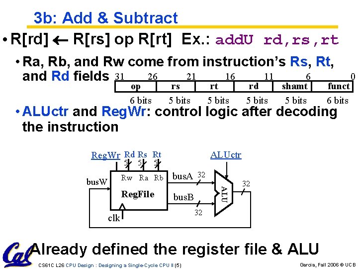 3 b: Add & Subtract • R[rd] R[rs] op R[rt] Ex. : add. U