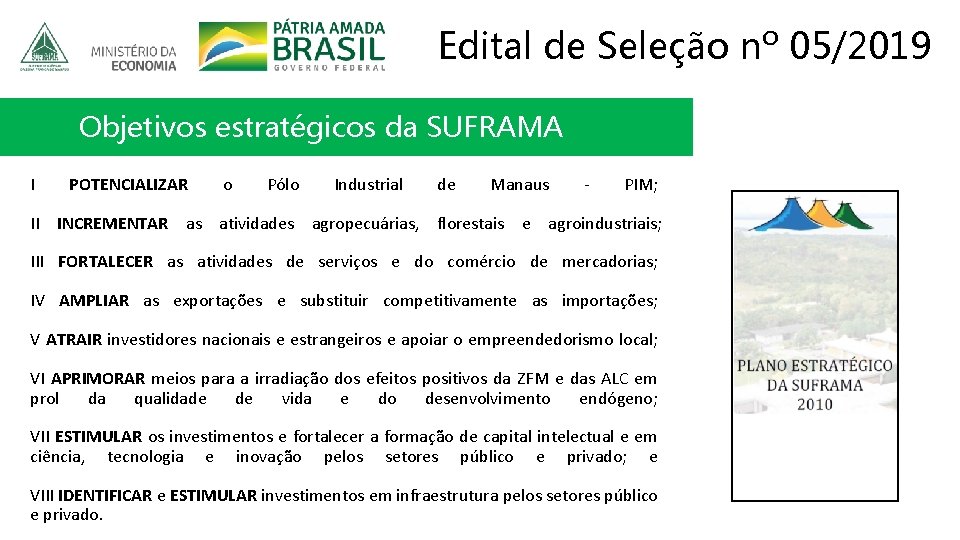 Edital de Seleção nº 05/2019 Objetivos estratégicos da SUFRAMA I POTENCIALIZAR o Pólo Industrial