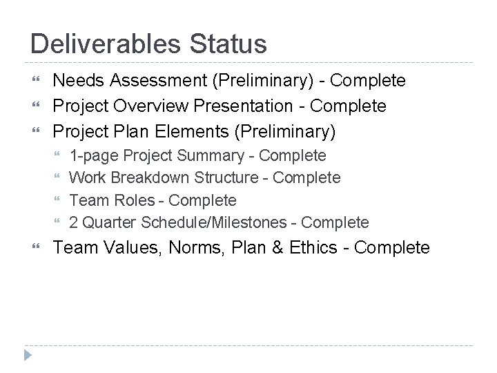 Deliverables Status Needs Assessment (Preliminary) - Complete Project Overview Presentation - Complete Project Plan