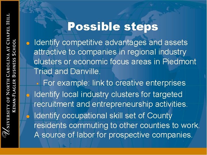 Possible steps l l l Identify competitive advantages and assets attractive to companies in