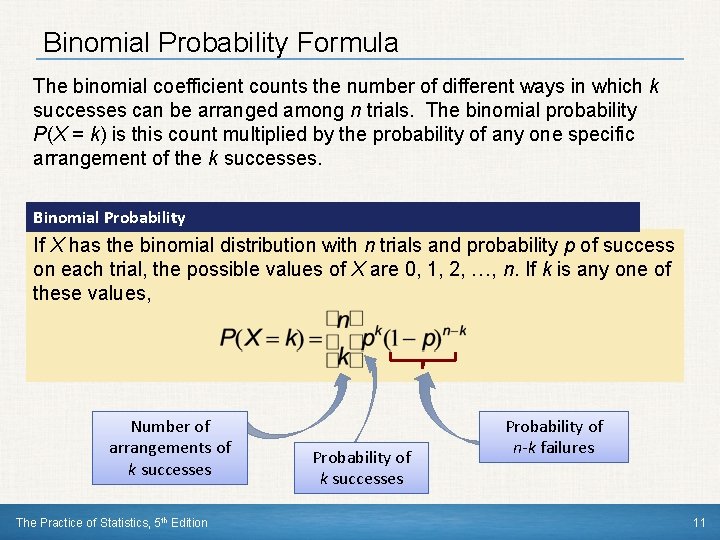 Binomial Probability Formula The binomial coefficient counts the number of different ways in which