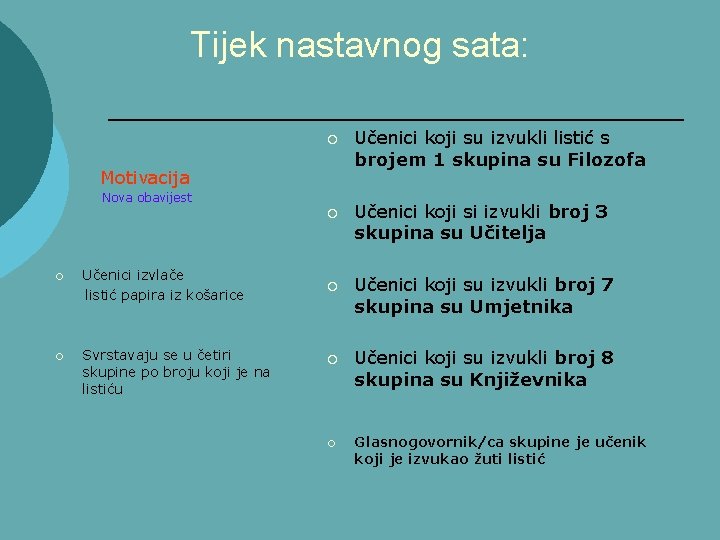 Tijek nastavnog sata: ¡ Učenici koji su izvukli listić s brojem 1 skupina su