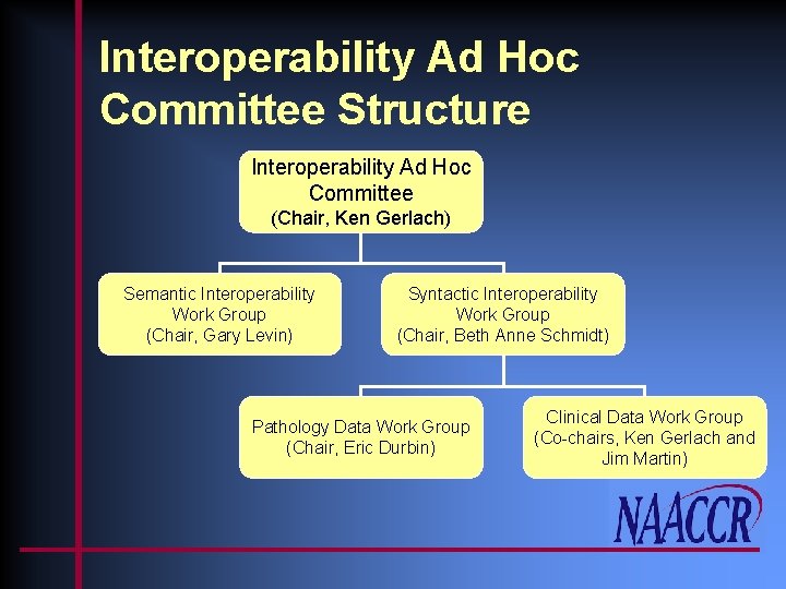 Interoperability Ad Hoc Committee Structure Interoperability Ad Hoc Committee (Chair, Ken Gerlach) Semantic Interoperability