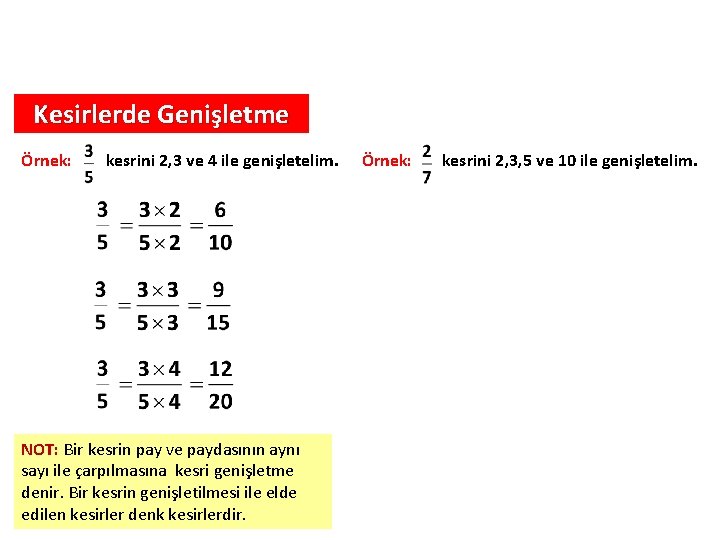 Kesirlerde Genişletme Örnek: kesrini 2, 3 ve 4 ile genişletelim. NOT: Bir kesrin pay