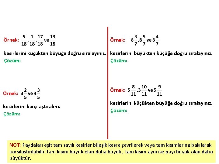 Örnek: kesirlerini küçükten büyüğe doğru sıralayınız. kesirlerini büyükten küçüğe doğru sıralayınız. Çözüm: Örnek: kesirlerini