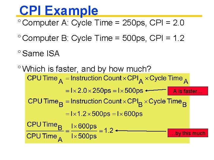 CPI Example ° Computer A: Cycle Time = 250 ps, CPI = 2. 0