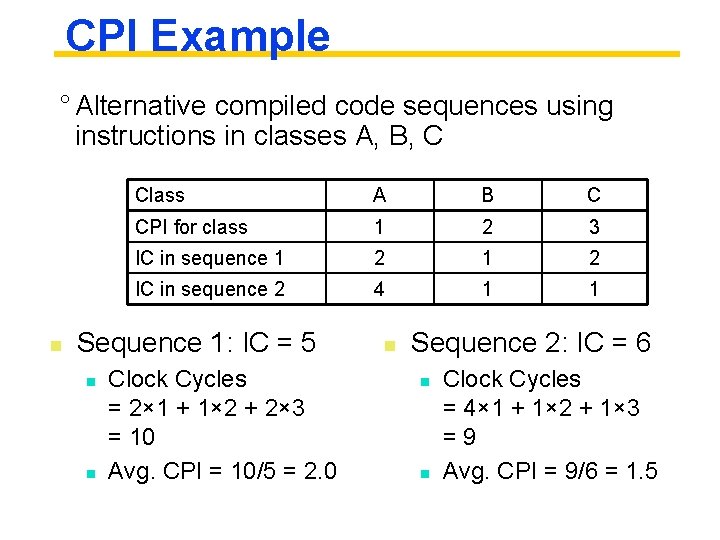 CPI Example ° Alternative compiled code sequences using instructions in classes A, B, C