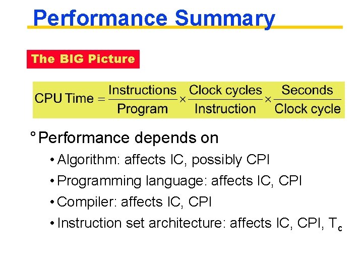 Performance Summary The BIG Picture ° Performance depends on • Algorithm: affects IC, possibly