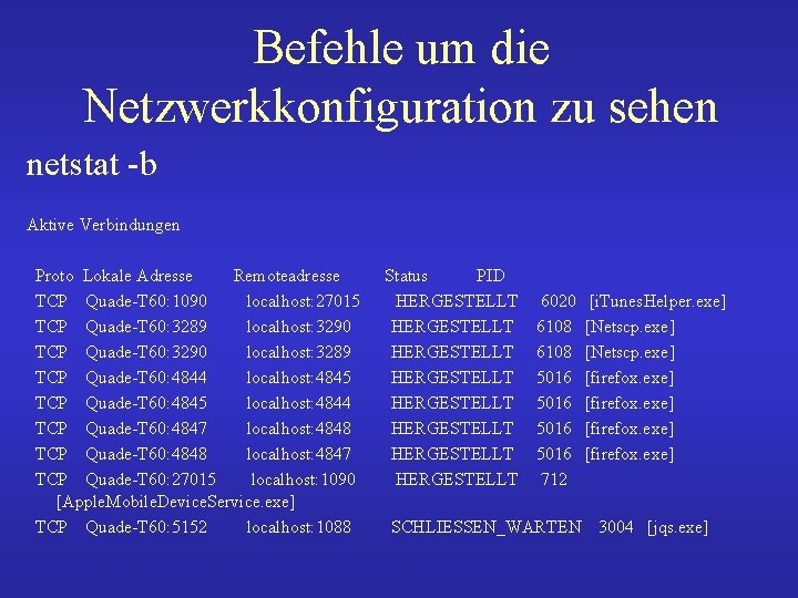 Befehle um die Netzwerkkonfiguration zu sehen netstat -b Aktive Verbindungen Proto Lokale Adresse Remoteadresse