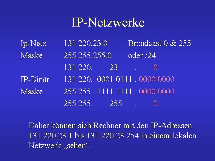 IP-Netzwerke Ip-Netz Maske IP-Binär Maske 131. 220. 23. 0 Broadcast 0 & 255. 0
