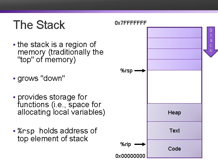 The Stack 0 x 7 FFFFFFF S t a c k • the stack